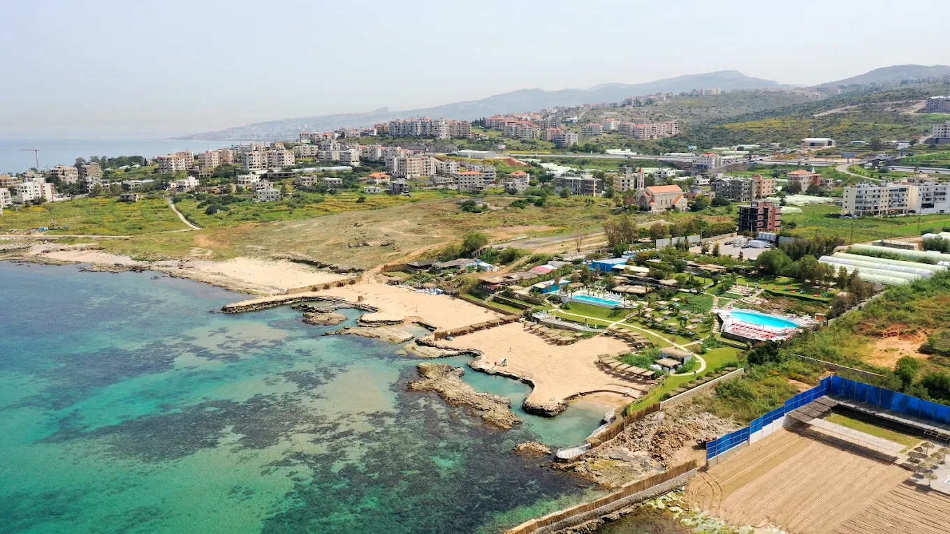 Aerial view of Side B and Lazy B beach clubs and pools